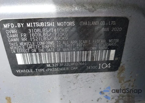 2020 Mitsubishi Mirage G4 Es z USA, uszkodzony, nr VIN ML32F3FJ2LHF07681